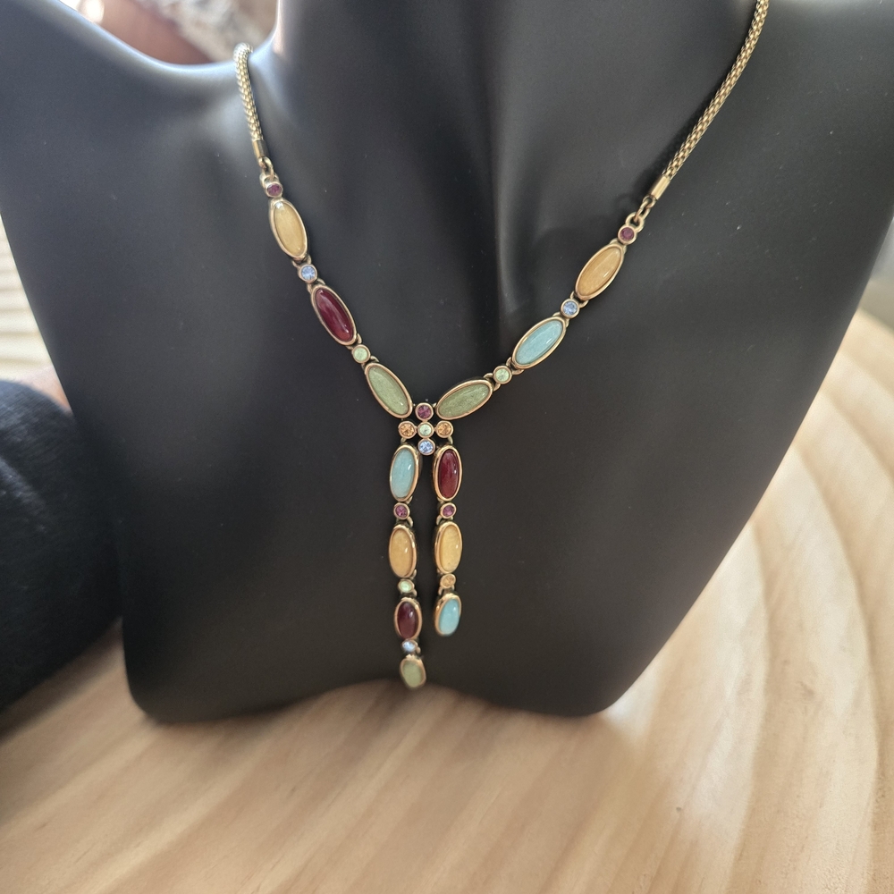 Vintage Liz Claiborne Bohemian Multi Colored Stones Y Drop Necklace